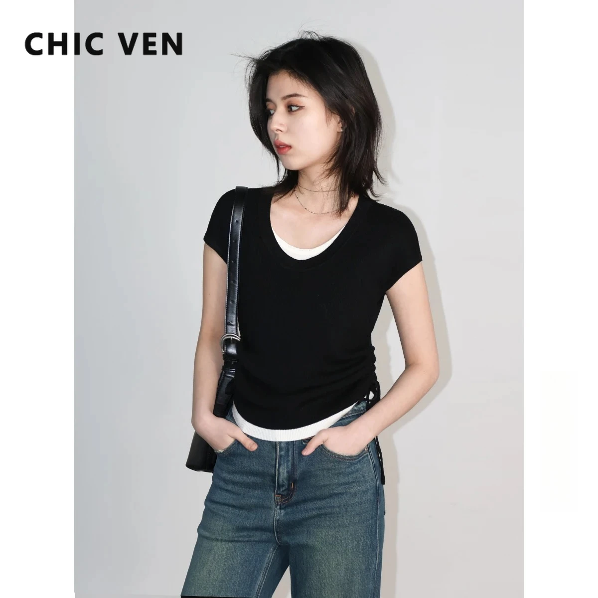 CHIC VEN Fashion Women T-Shirt Casual Short Sleeve Slim O Neck Ladies Tees Pleated Knitted Drawstring Sweater Spring Autumn 2026