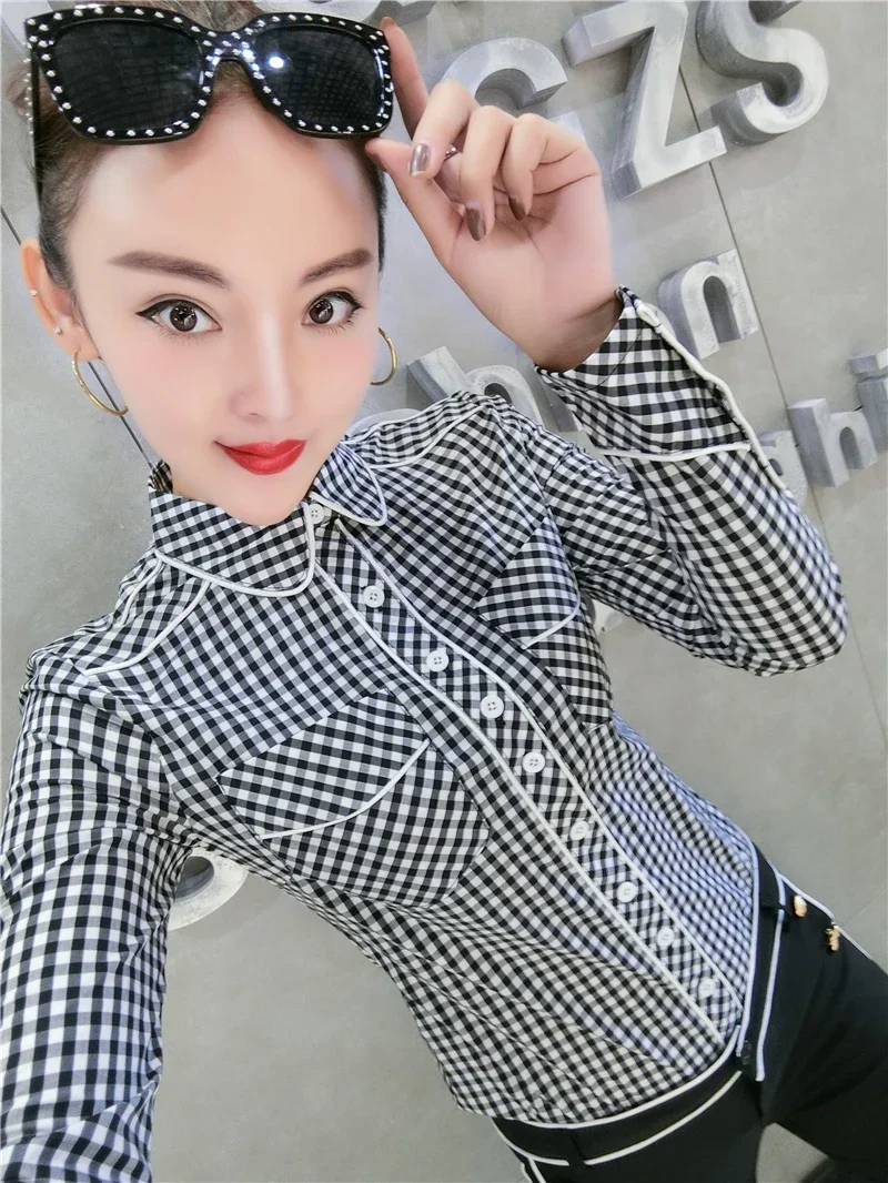 0 Autumn Long Sleeve Turn Down Collar Red Plaid Cotton Shirts Women Office Work OL Blue Plaid Shirts Lady Office Plaid Tops