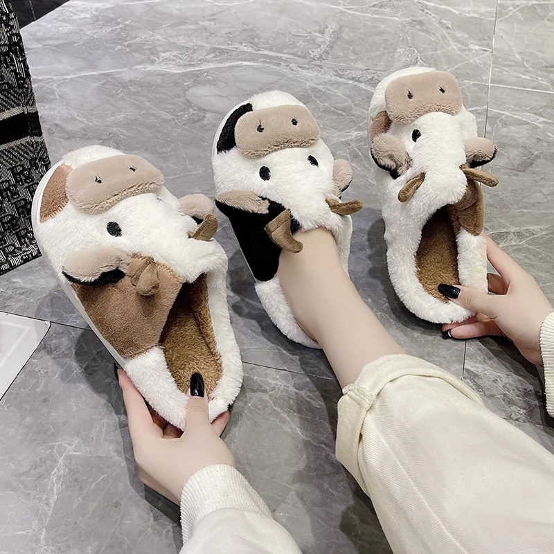 New Cute Fluffy Cow Slippers Kawaii Winter Warm Men Slippers Women Cartoon Milk Cow House Slipper For Women Girls