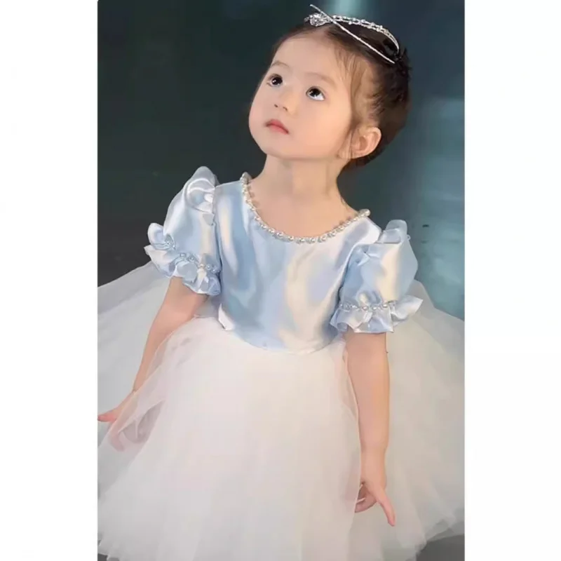 Flower Girl Wedding Dress for Little Girls, Luxurious Niche High-End Children's First Birthday Blue Princess Dress, Stylish