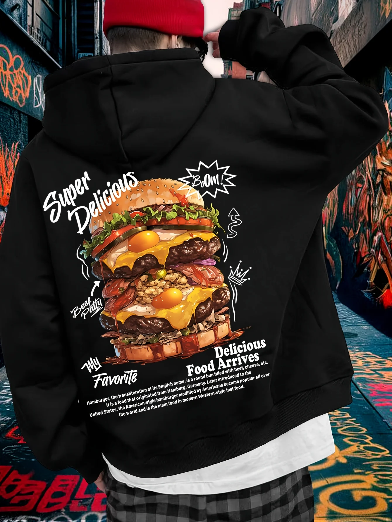 سوبر لذيذ برغر هوديي الرجال مضحك البلوز لذيذ خمر نمط عارضة أعلى، أنماط مطبوعة الظهر، الرجال هوديس #1