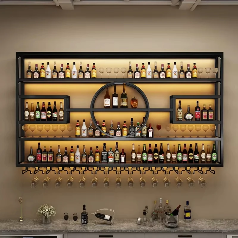 Decoración personalizada para mostrador de Bar, estante luminoso montado en la pared para vino, estante de exhibición para gabinete de vino de uva de hierro montado en la pared