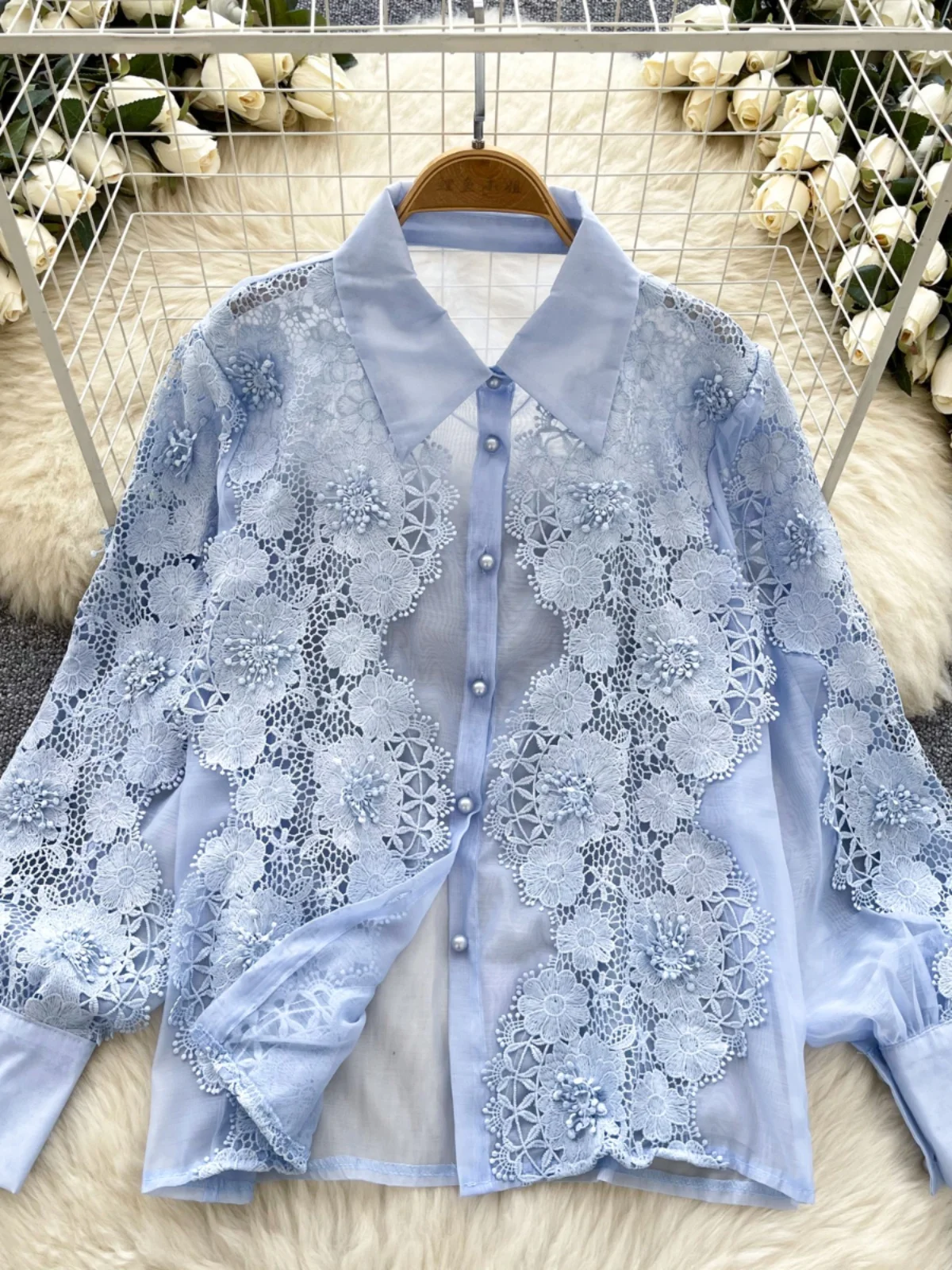 قميص نسائي أنيق بأكمام طويلة وياقة مطرزة مفرغة، تصميم خريفي عصري ضيق على الطراز الكوري، مناسب للعمل وفضفاض