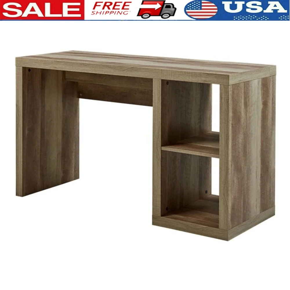 

Large Cube Storage Desk with Wire Management System Home Office Elegant Weathered Finish Sturdy Construction Kids Teens Adults