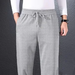 Pantalones rectos de gofres para hombre, pantalón informal con cintura elástica, estampado de cordón, bolsillos a cuadros, estilo coreano, 2023