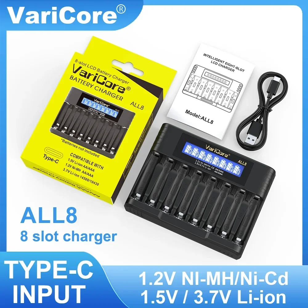 شاحن بطارية ذكي VariCore ALL8 مكون من 8 فتحات لبطاريات ليثيوم 1.2 فولت Ni-MH Ni-Cd AA AAA 1.5 فولت 3.7 فولت ليثيوم 14500 قابلة لإعادة الشحن