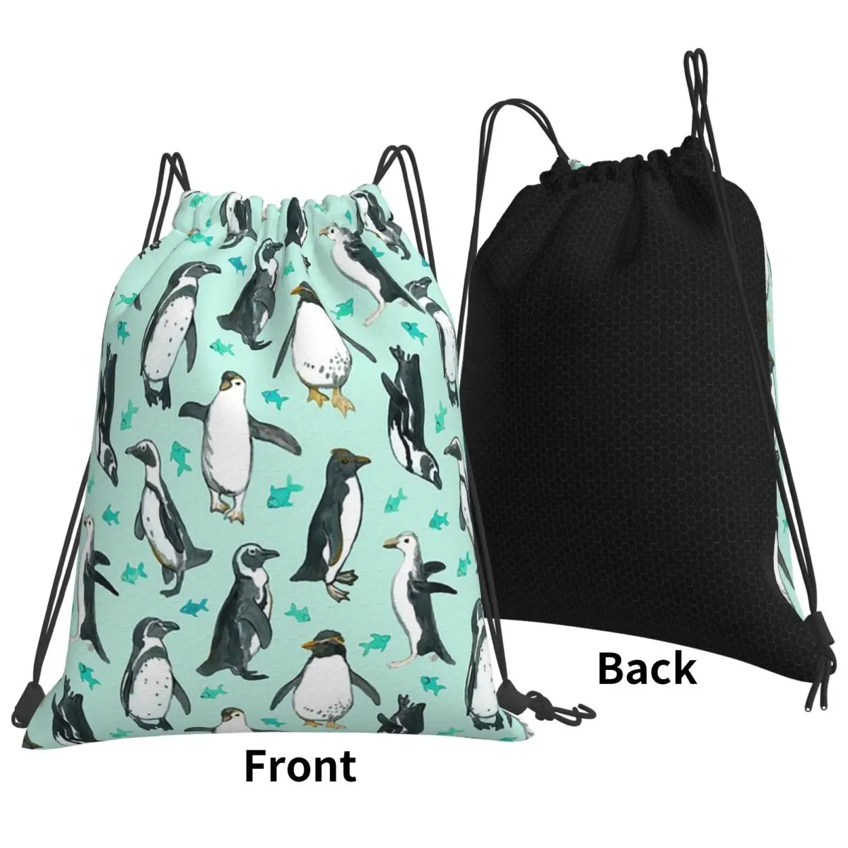 Lots Of Little Penguins On Mint Backpacks Fashion Drawstring Bundle Pocket Storage Bag Book Bags for Travel School