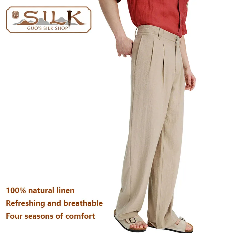 

High-end Natural Pure Linen Men's Pants Spring/Summer Loose Straight Pants with Simple Style, Breathable and Sweat-Wicking