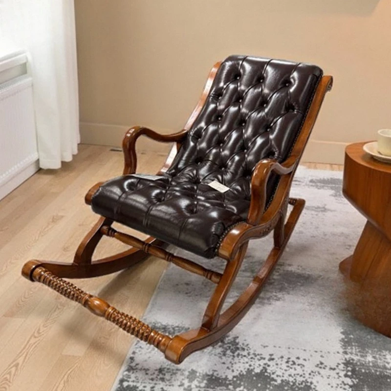 

Solid wood rocking chair retro leather recliner nap balcony leisure living room bedroom rocking chair