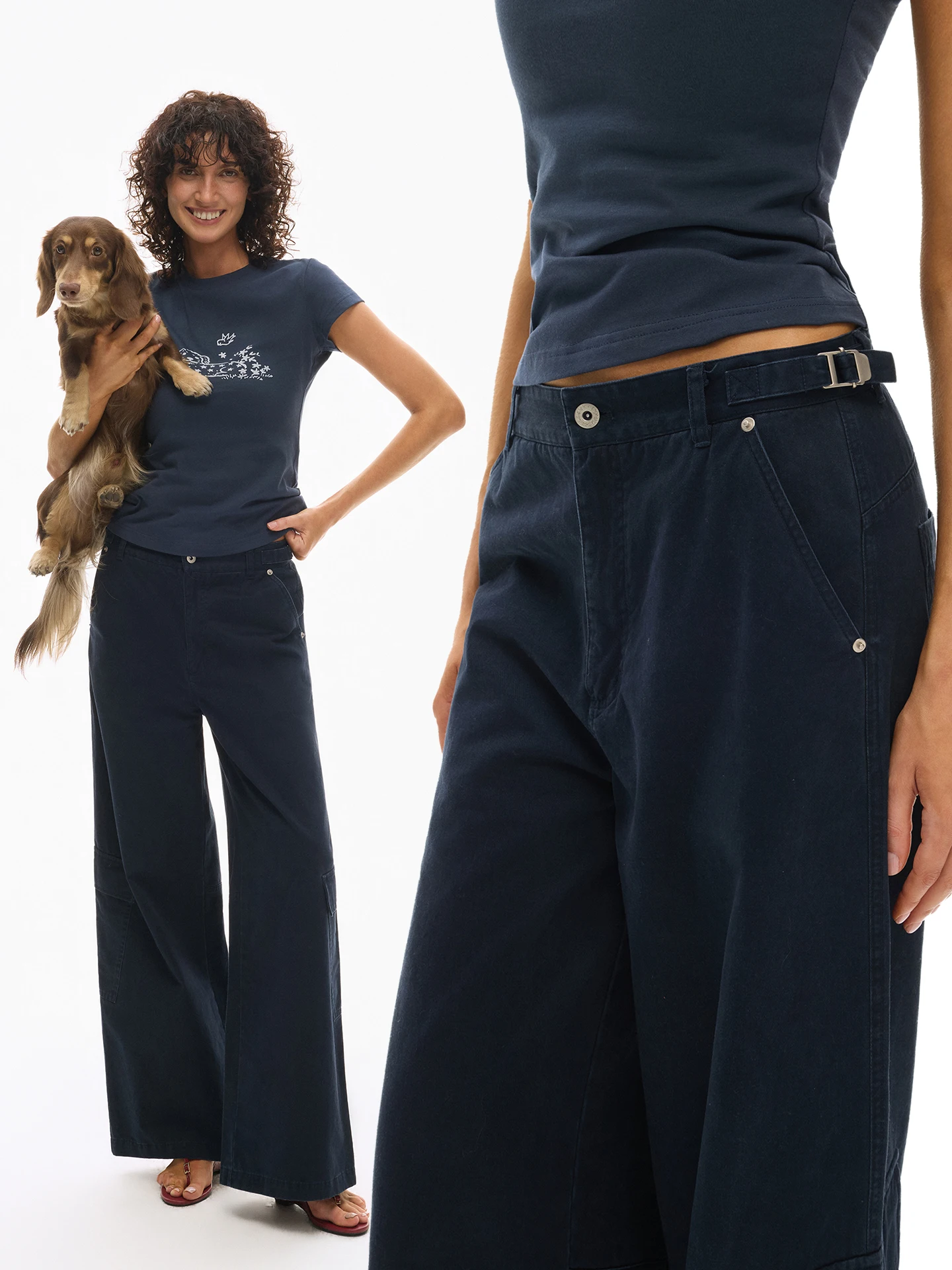 

Adjustable Waist Straight Leg Cotton Work Trousers Wide Leg Jeans Blue Enzyme Wash Women's Fashion Casual Pants
