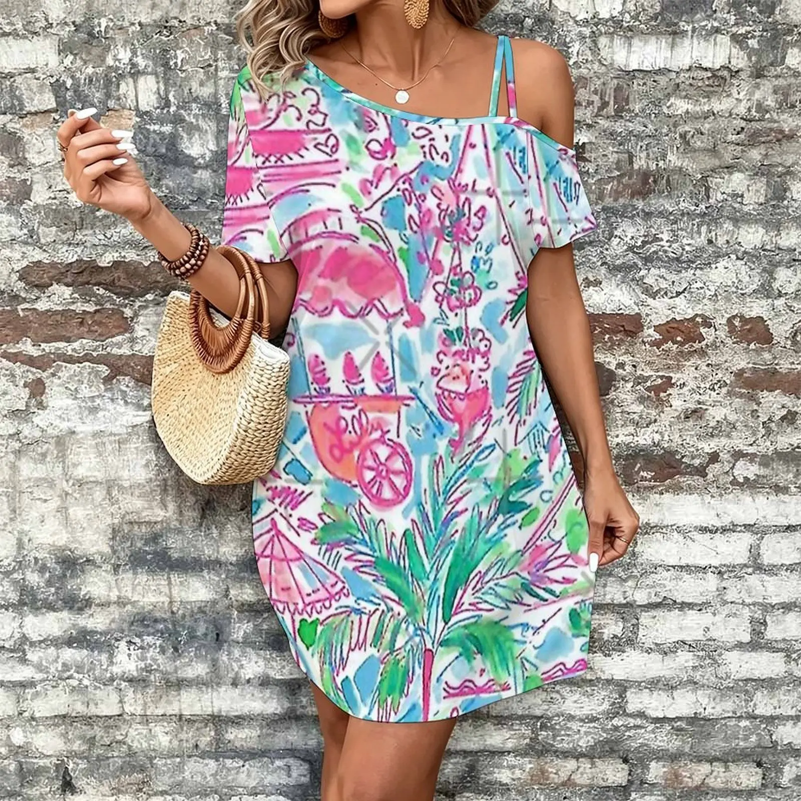 classic sea vibe Women's Slanted Shoulder Single Strap Short-Sleeved Dress