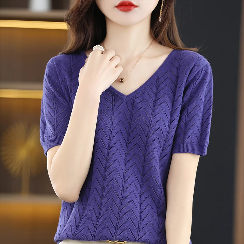 Women's T-shirt Summer New 100% Cotton Pullover Short Sleeve Casual Solid Women's Sweater Loose Fashion V-Neck Top T-shirt