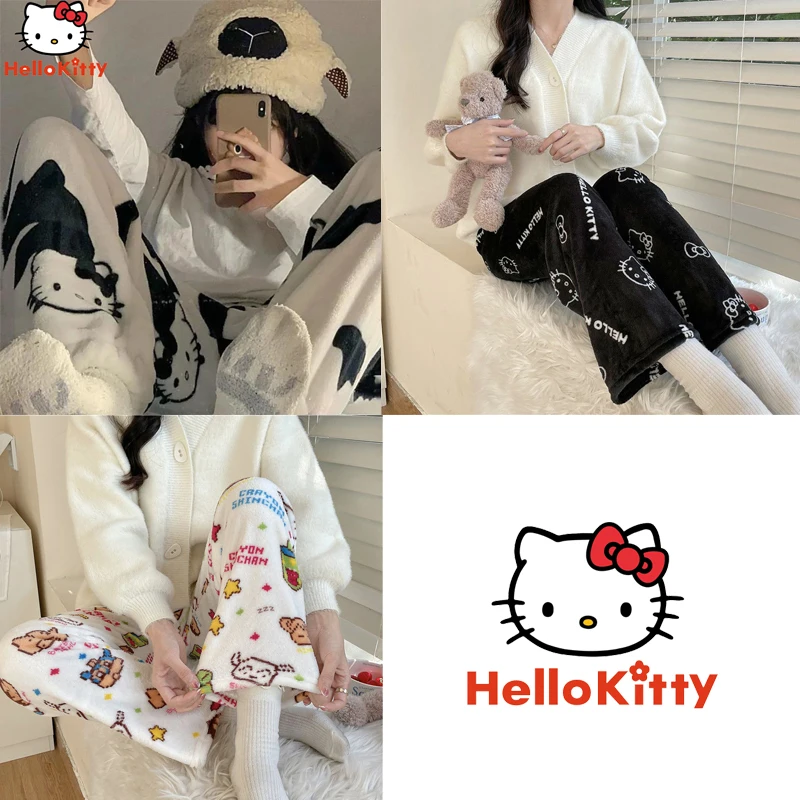 

Пижамные штаны Hello Kittys из полиэстера для девочек Sanrios осенне-зимние плотные бархатные домашние фланелевые для отдыха сохраняют тепло