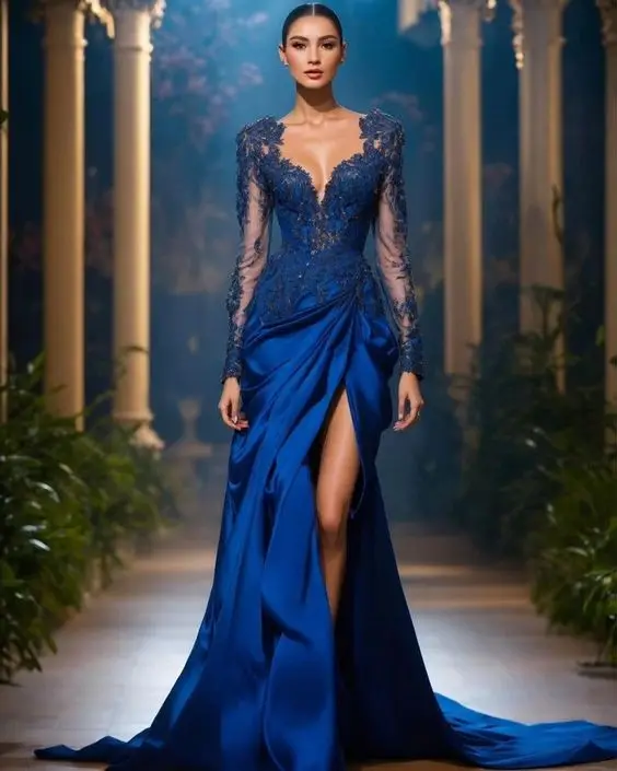 Vestido de noite de fenda alta personalizado, manga comprida, cetim drapeado, apliques sereia, azul royal, nova elegância, C24148