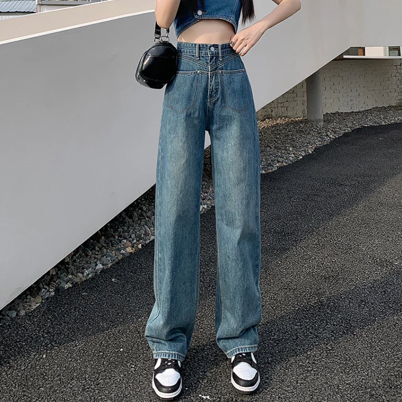 Blue Jeans Women American Wide Leg Pants Loose Fashion High Waisted Street Temperament Vintage Female Bottoms Summer Trousers