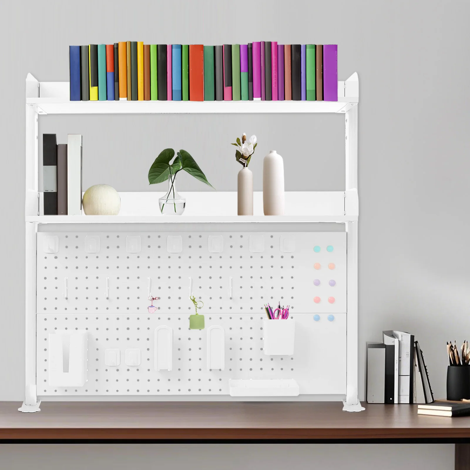 

Pegboard Shelf 2-Tier Adjustable Desktop Organizer No Drill Storage for Desk Office Study Bookshelf