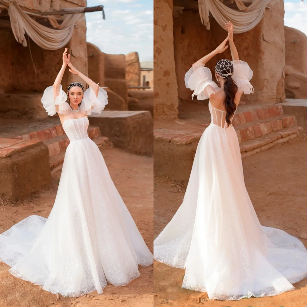 

Customized High Quality White Organza Wedding Dress Temperament Strapless Detachable Sleeve Half Sleeves Backless Bridal Gowns