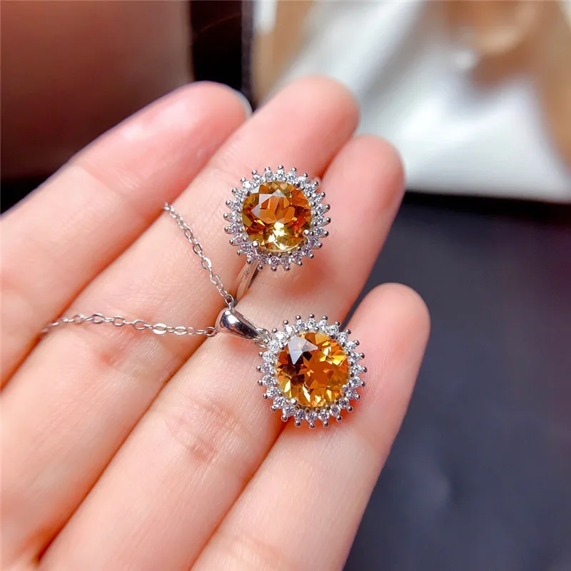 

Natural Citrine Jewelry Set 8MM Ring Genuine Crystal Pendant Classic Style Real 925 Sterling Silver Necklace