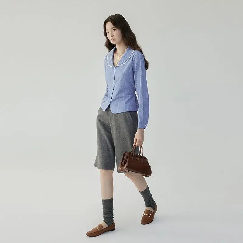 

French Doll Collar Waist Lace Striped Shirt Women's New Autumn Slimming Top