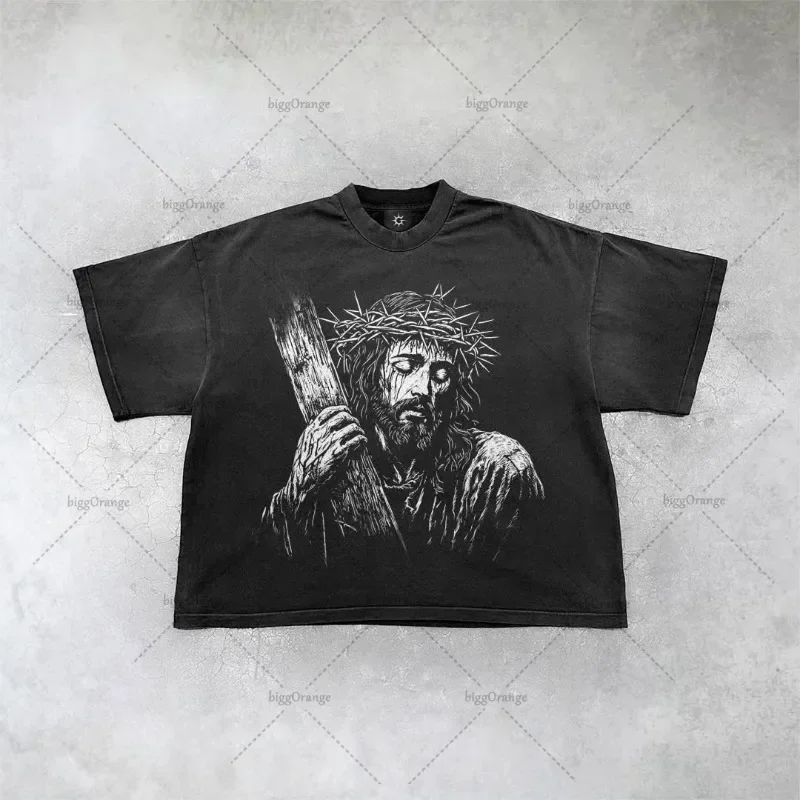 

newNew Gothic Streetwear Harajuku Retro Graphic Top Y2K Punk Anime Print Oversized T-Shirt Men Fashion Cotton Casual Short Slee