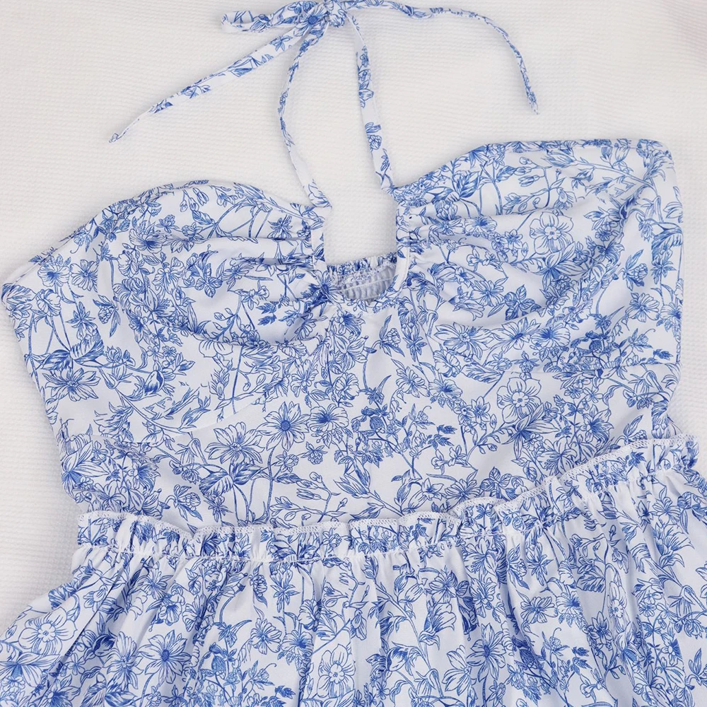 Women Fashion Dress Floral Print Tie-Up Backless Mini Dress Summer Party Dress Casual Tops