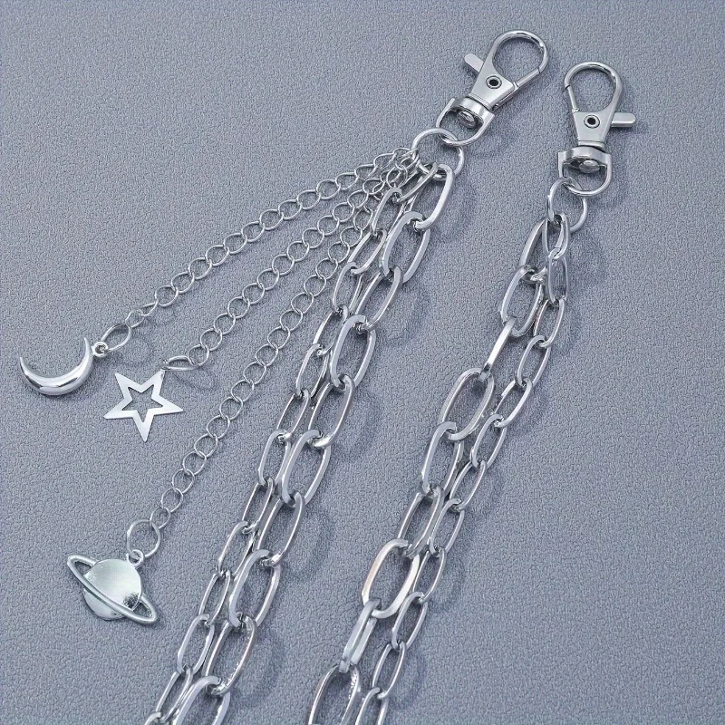سلسلة بانت من سبائك الحديد مع سحر النجوم والقمر - إكسسوار سلسلة مفاتيح عصرية متعددة الطبقات على شكل هيب هوب