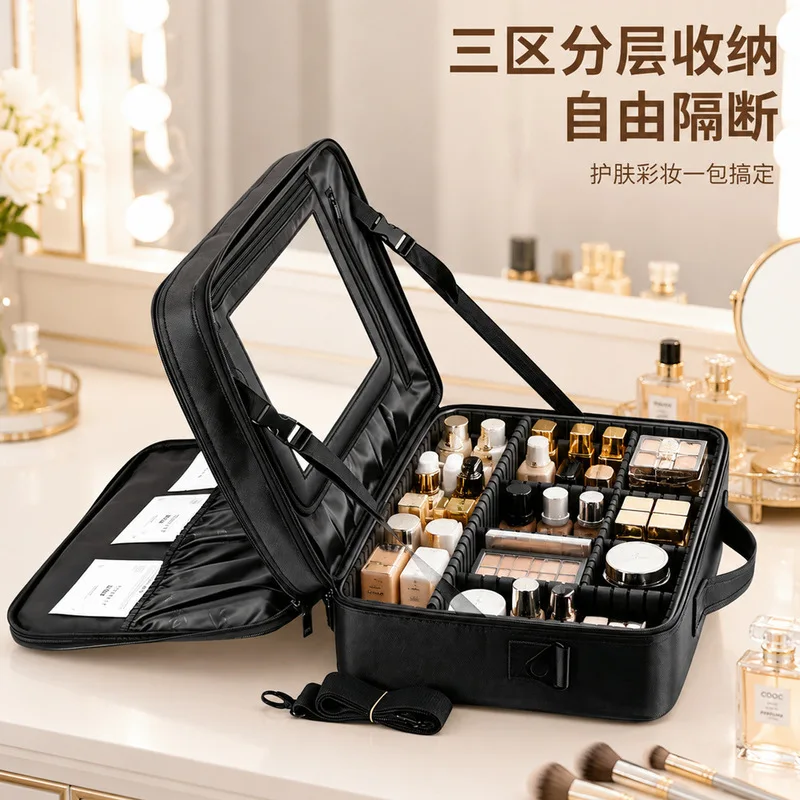 Portable makeup bag with mirror, large capacity, anti-tip design, waterproof Oxford cloth,