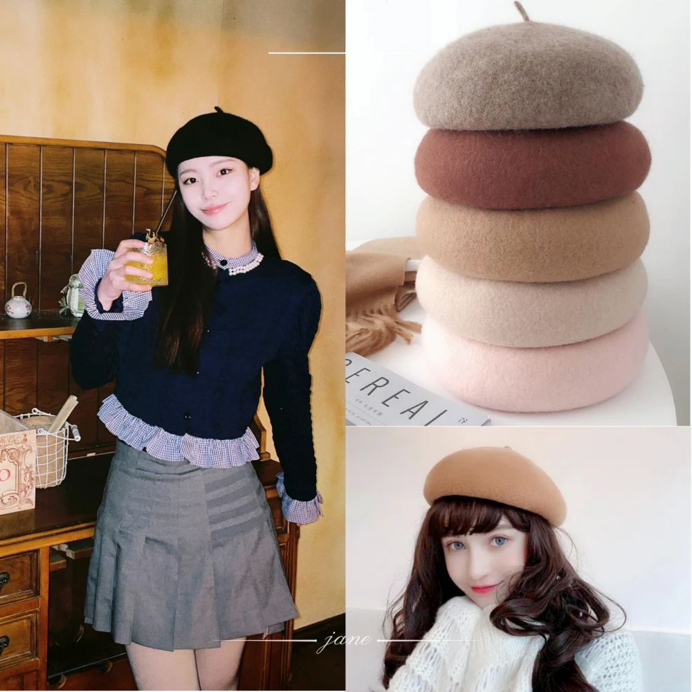 

100 Pieces/Set Wholesale Beret Hat for Women Cap Cashmere Winter Retro French Black Red Artist Flat Red Lady Vintage Cap