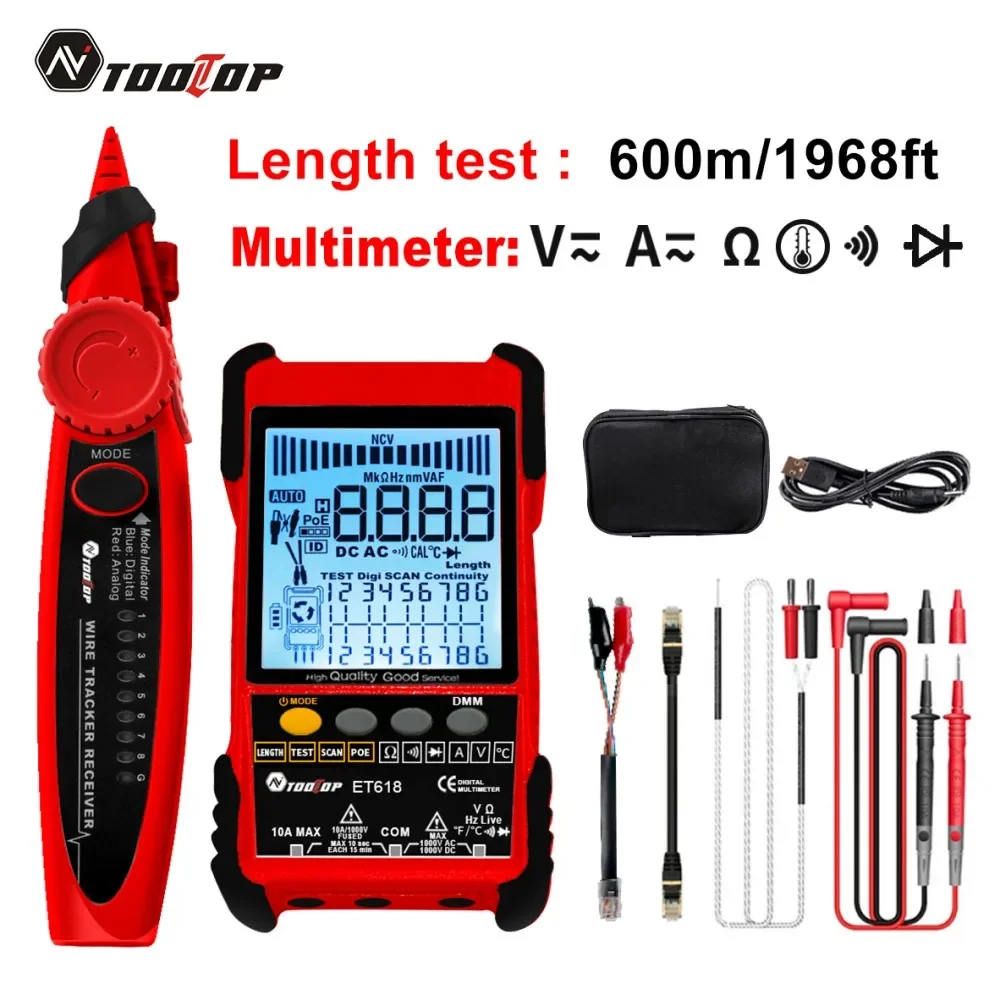 TOOLTOP Network Cable Tester Multimeter Anti-Noise POE LAN Test 400M/600M Finder Wire Tracker Receiver Network Repair Power Tool