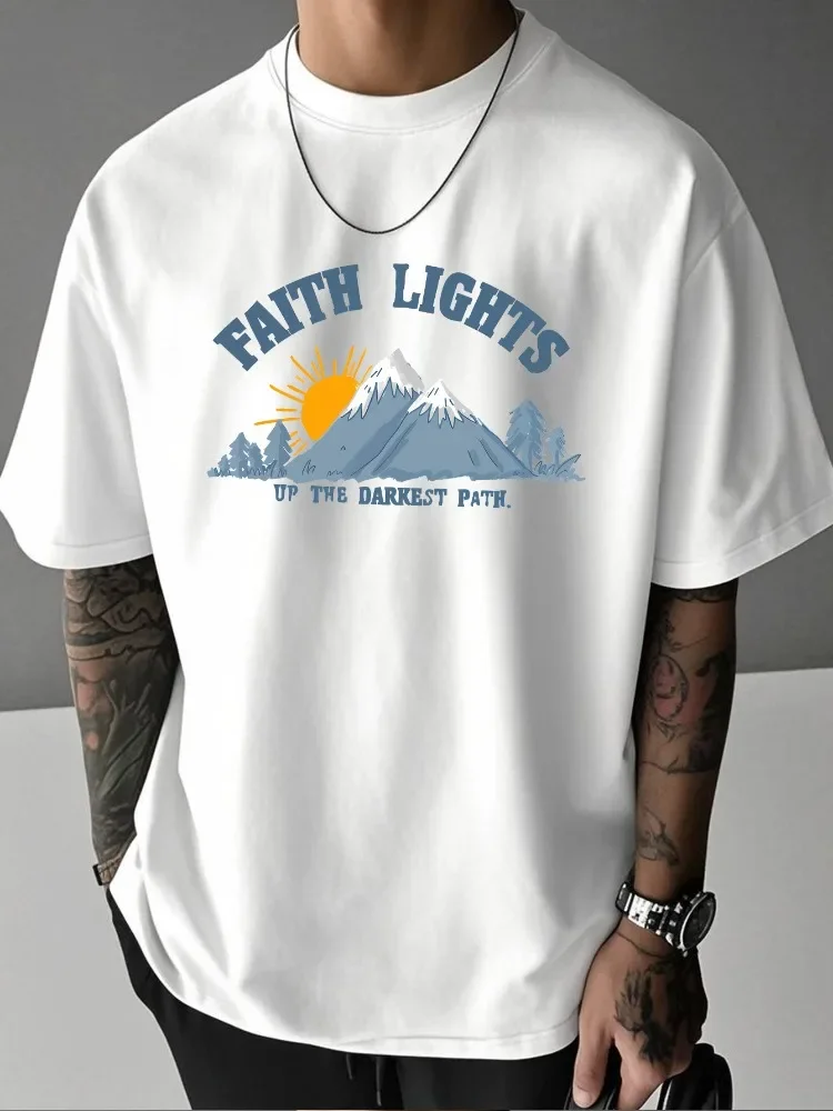 Men Summer Red Short Sleeve Crew Neck T Shirt Faith Lights Mountain Sunset Print Casual Outdoor Fashion Daily Street Holiday Tee