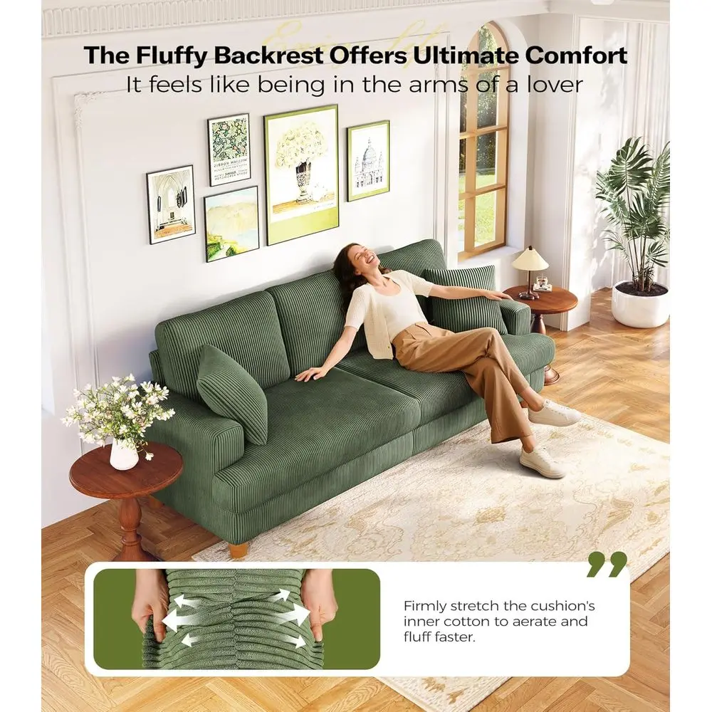 أريكة سروال قصير مقاس 87 بوصة، مجموعة بدون أدوات، أريكة غرفة معيشة قطيفة مع وسادتين، مقعد كبير الحجم باللون الأخضر البوهيمي #3