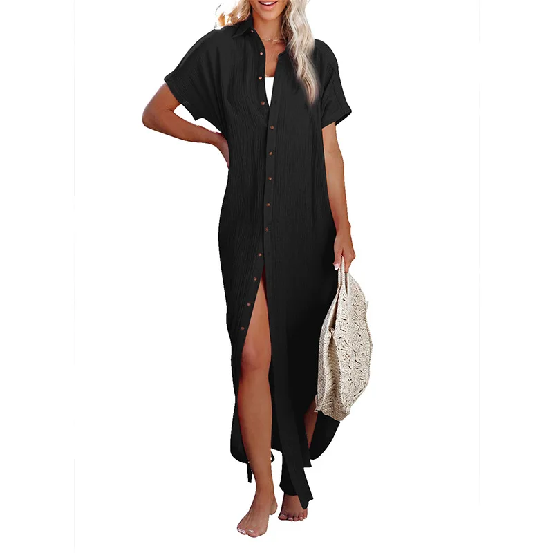 New Casual Kaftan Dresses Solid Color Beach Dress Women Holiday Long Sunscreen Cardigan Bikini Cover Up Swimsuit