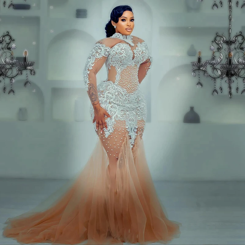 Customized Sheer Neck Shinny Pearls Applique Wedding Dress Robe De Mariée  Long Sleeves Country Bridal Gown with Removable Skirt