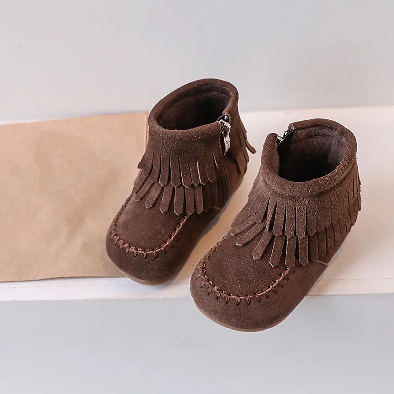 Claladoudou Suede Leather Ankle Boots For Toddler Girls,Solid Camel Brown Tassel Fashion Boots For Kids Woman,Thin Velvet Shoes