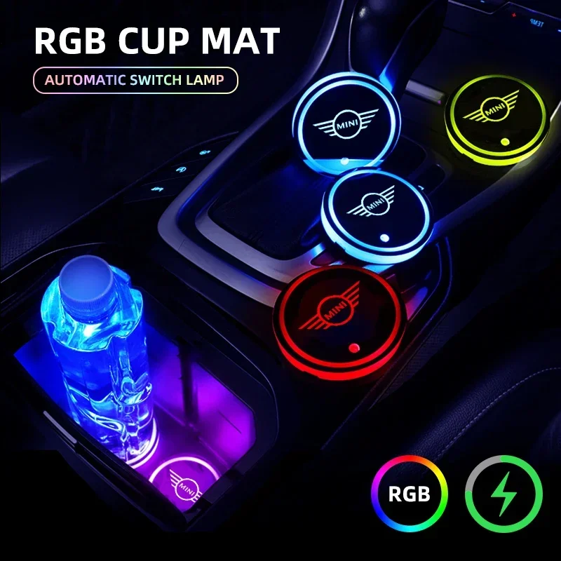 7 Colorful Intelligent Led Water Cup Luminous Coaster For BMW MINI Cooper One S Clubman JCW R50 R55 R56 R60 R61 F55 F56 F57 F60