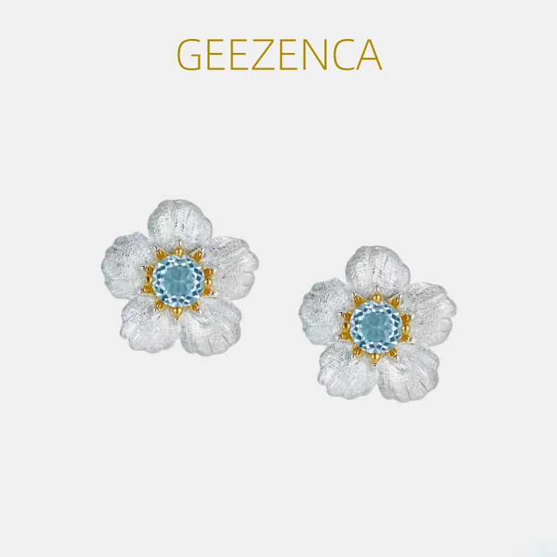 GEEZENCA Blue Topaz S925 Silver Two Tone Plating Flower Earrings Natural Stone Aesthetic Small Earring For Women 2023 Summer New