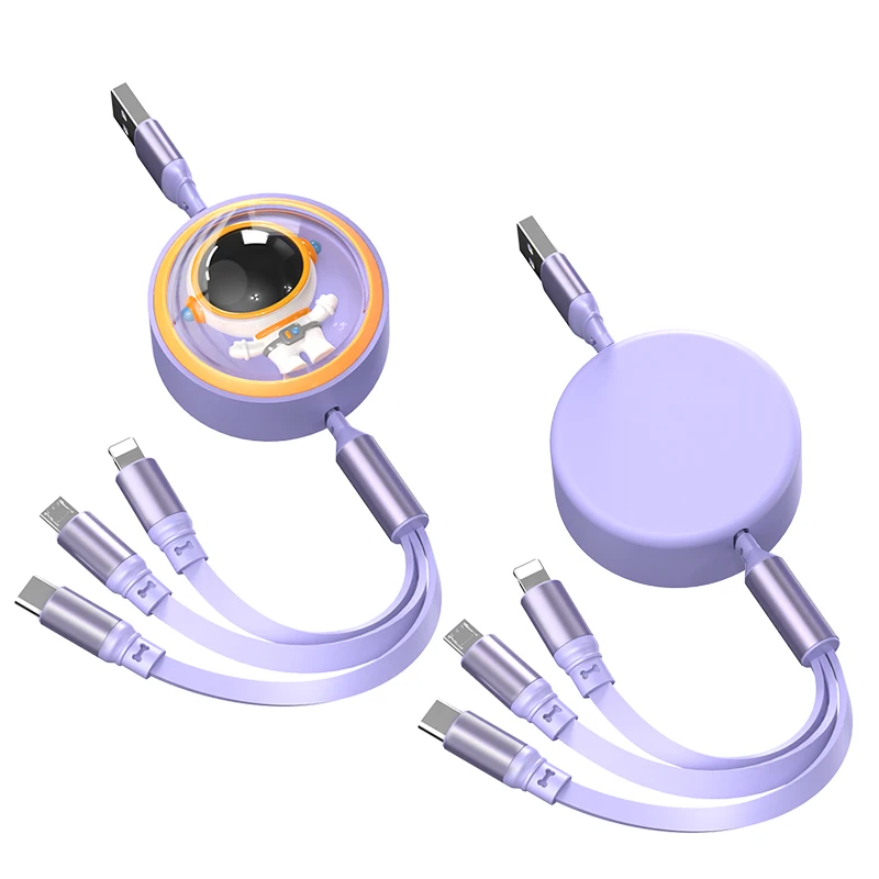 كابل USB 100 وات ثلاثة في واحد قابل للسحب للشحن السريع والبيانات USB صغير من النوع C مناسب لهواتف iPhone وAndroid وXiaomi وHuawei