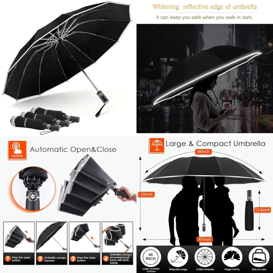

Inverted Umbrella - Large Windproof for Rain Sun, Compact Reverse With Reflective Stripe, Teflon-Coated for Women Men, Travel F