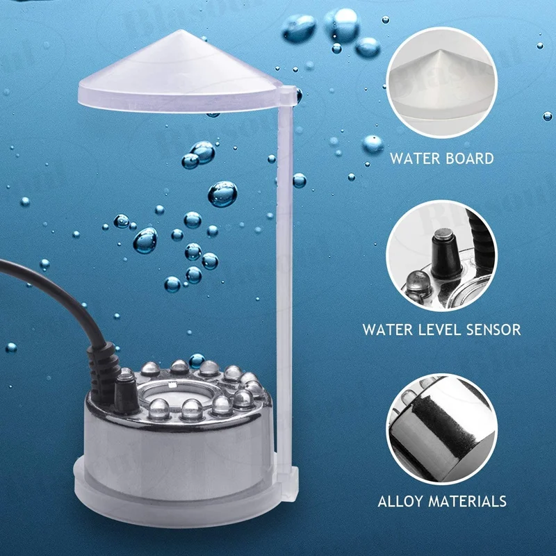 Fabricante de névoa, mini fabricante de névoa de alumínio à prova dwaterproof água máquina de névoa com 12 luzes led para fonte de água lagoa tanque de peixes botânico