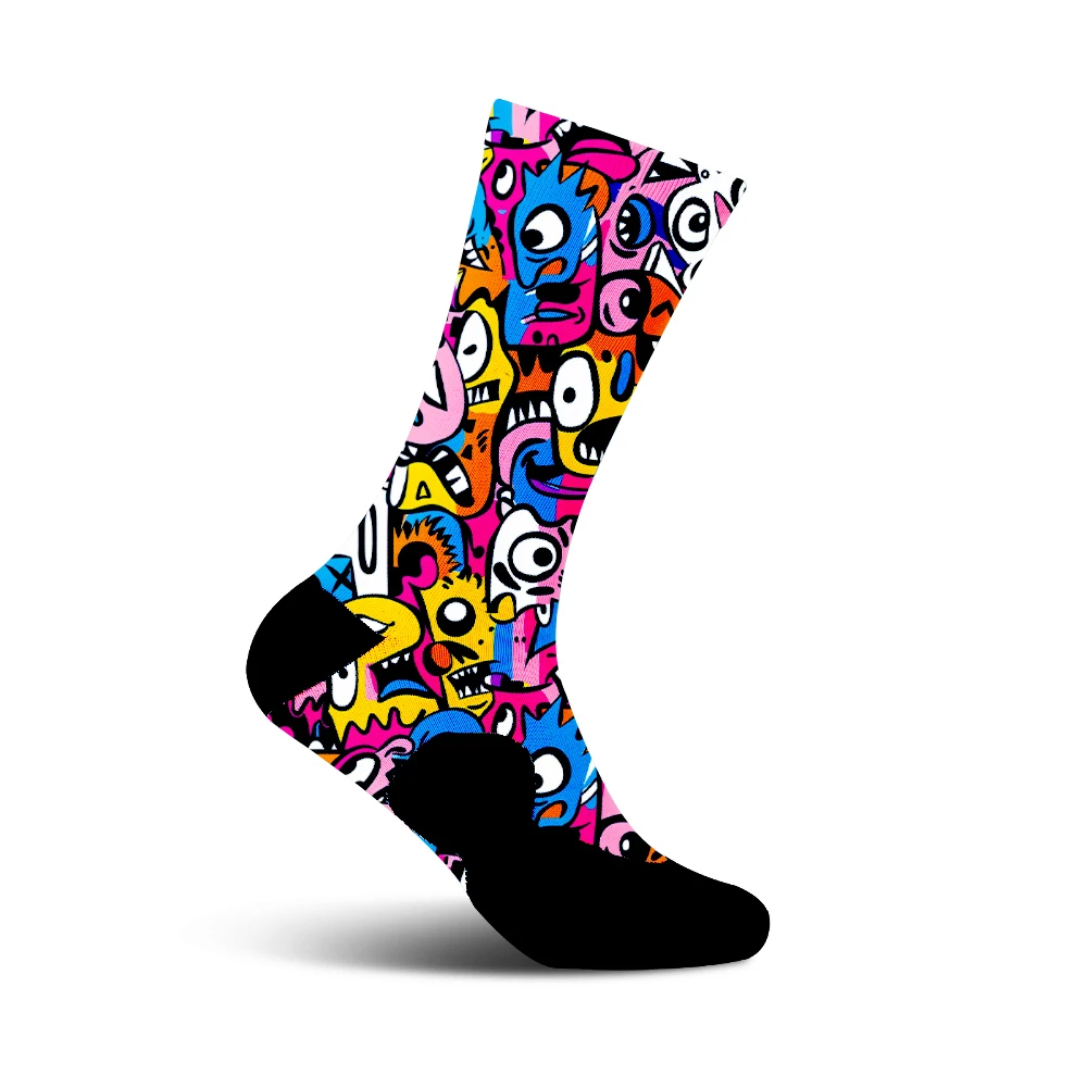 

Men Women Cycling Socks Colorful Cartoon Graffiti Prints Mid - Calf Breathable Sports Socks for Bike Riding Outdoor Activities