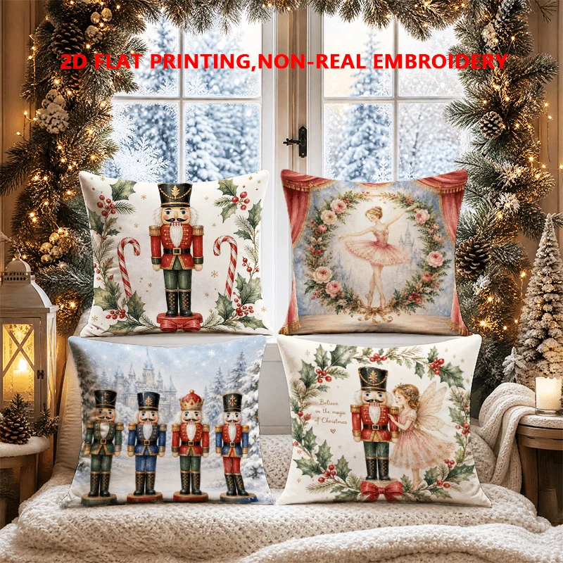 2D FLAT-4pc Christmas Nutcracker Throw Pillow Covers Sofa and living room decoration, without pillow core