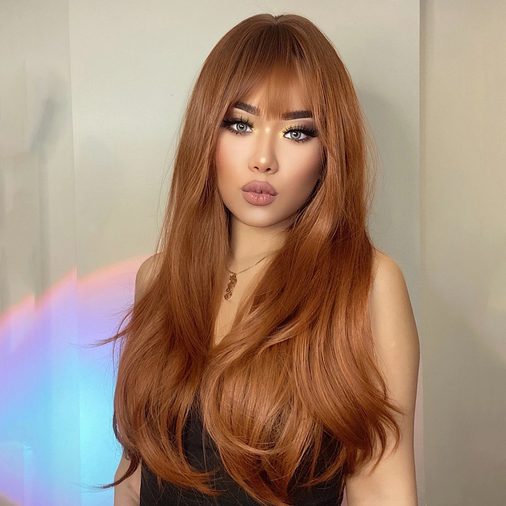 GEMMA Red Brown Copper Ginger Long Straight Synthetic Wigs for Women Natural Wave Wigs with Bangs Heat Resistant Cosplay Hair