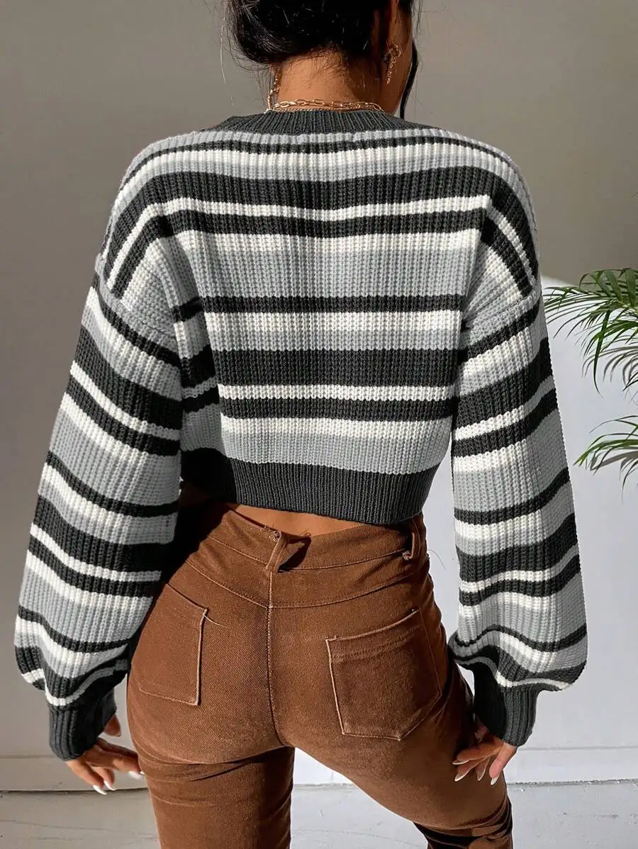 

Striped Lantern Sleeve Crop Knit Sweater Women Long Sleeve Pullover Fall Winter