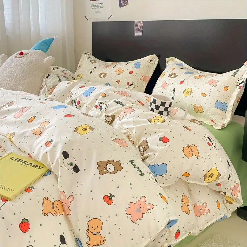 Cute Bear Bedding Set No Filler Ins Korean Style Duvet Cover Pillowcase 2024 New Single Full Size Kids Adult Soft Bed Linen