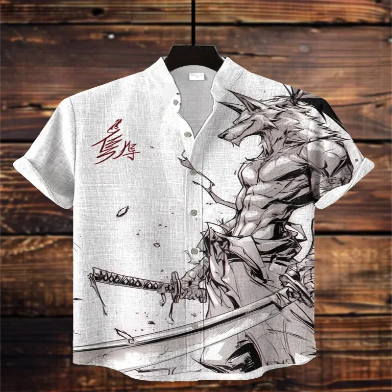 

Men's 3D Black Cat Warrior Art Cherry Blossom Printed Casual Shirt Polyester Fiber Fabric Fashion Short Sleeve Top