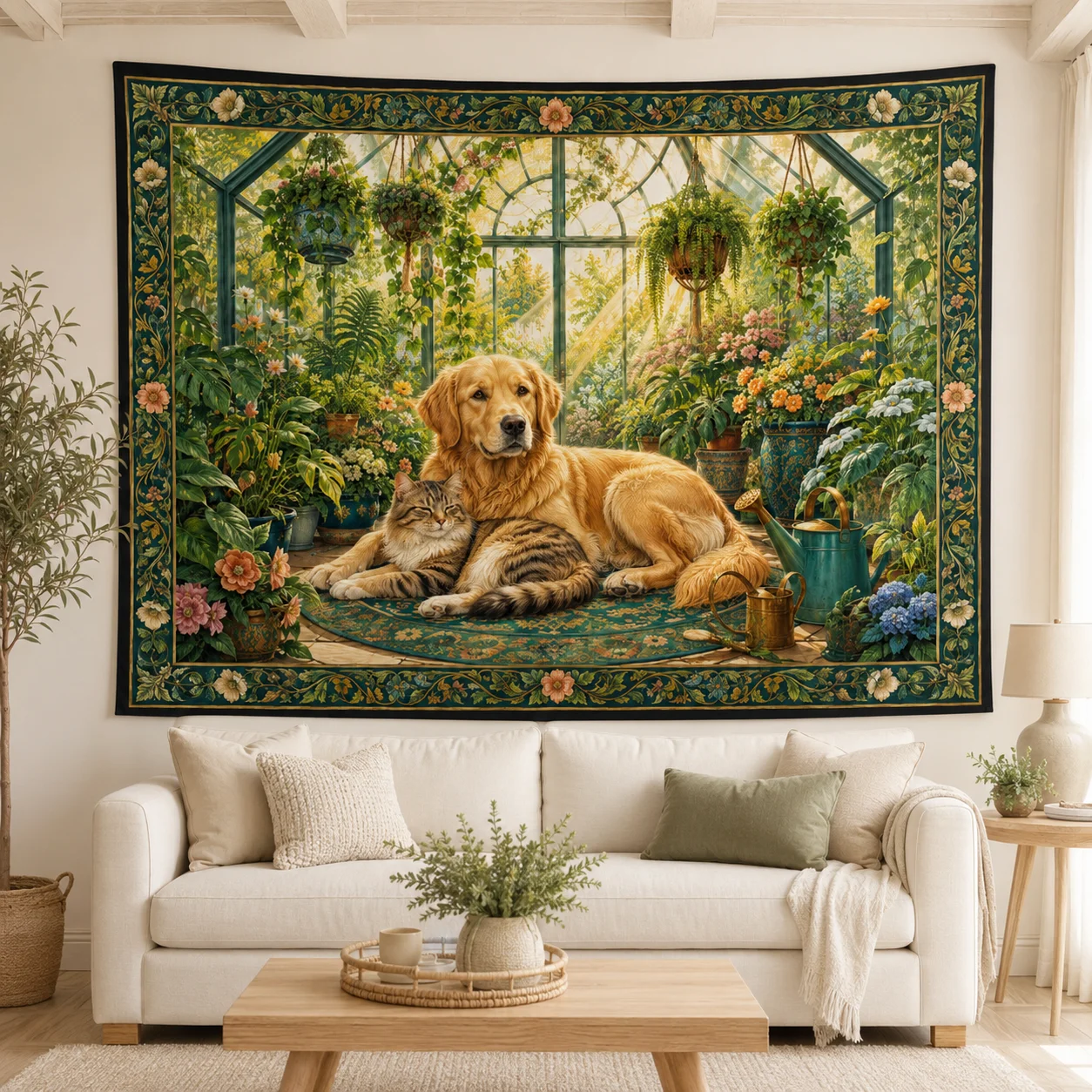 

Vintage Greenhouse Tapestry Wall Art Cozy Dog Cat Garden Woven Blanket Pastoral Landscape Room Decoration Aesthetic Backdrop