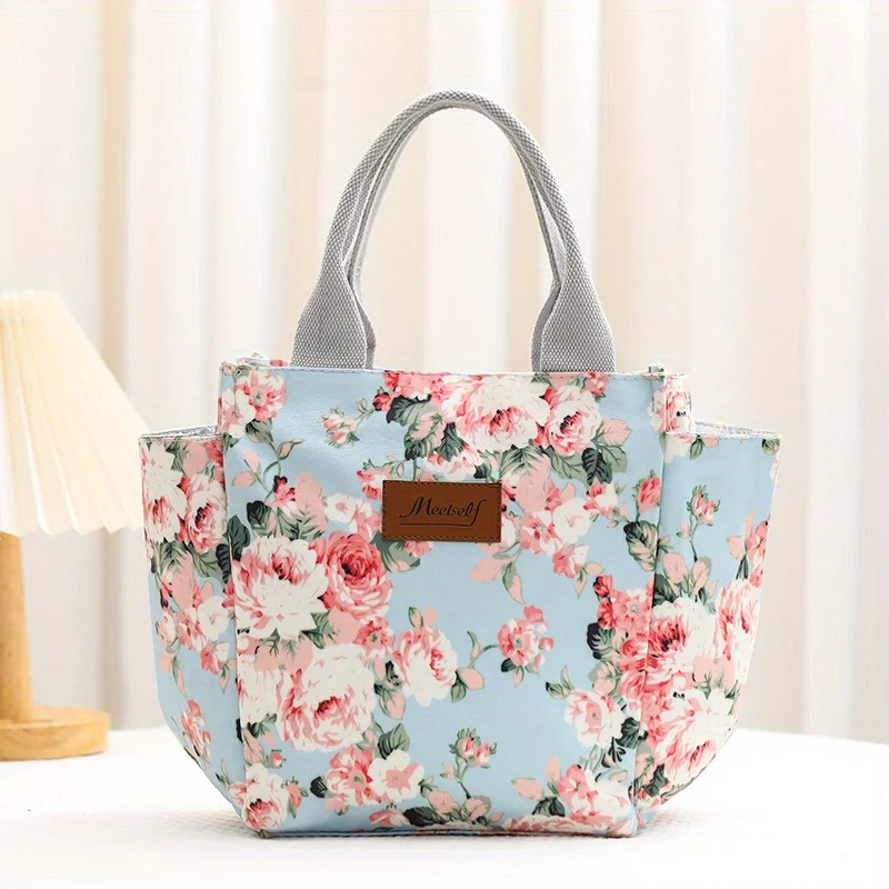 Women's Printed Portable Insulated and Cooler Tote Bag with a waterproof aluminum foil lining and side pockets for water bottles
