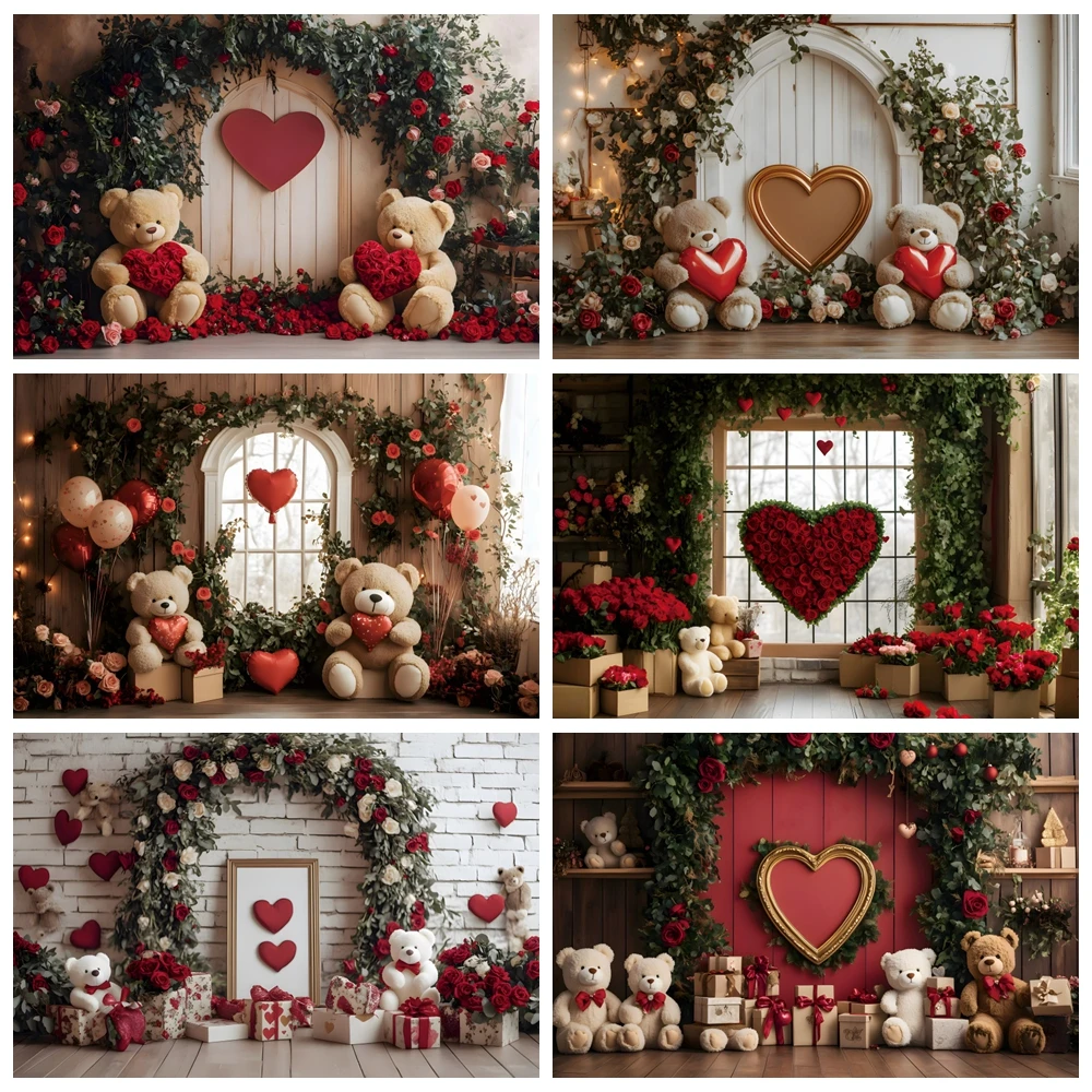 Valentine’s Day Backdrop Toy Bear Window Flower Love Heart Balloon Red Rose Wedding Party Mother's Day Photography Background