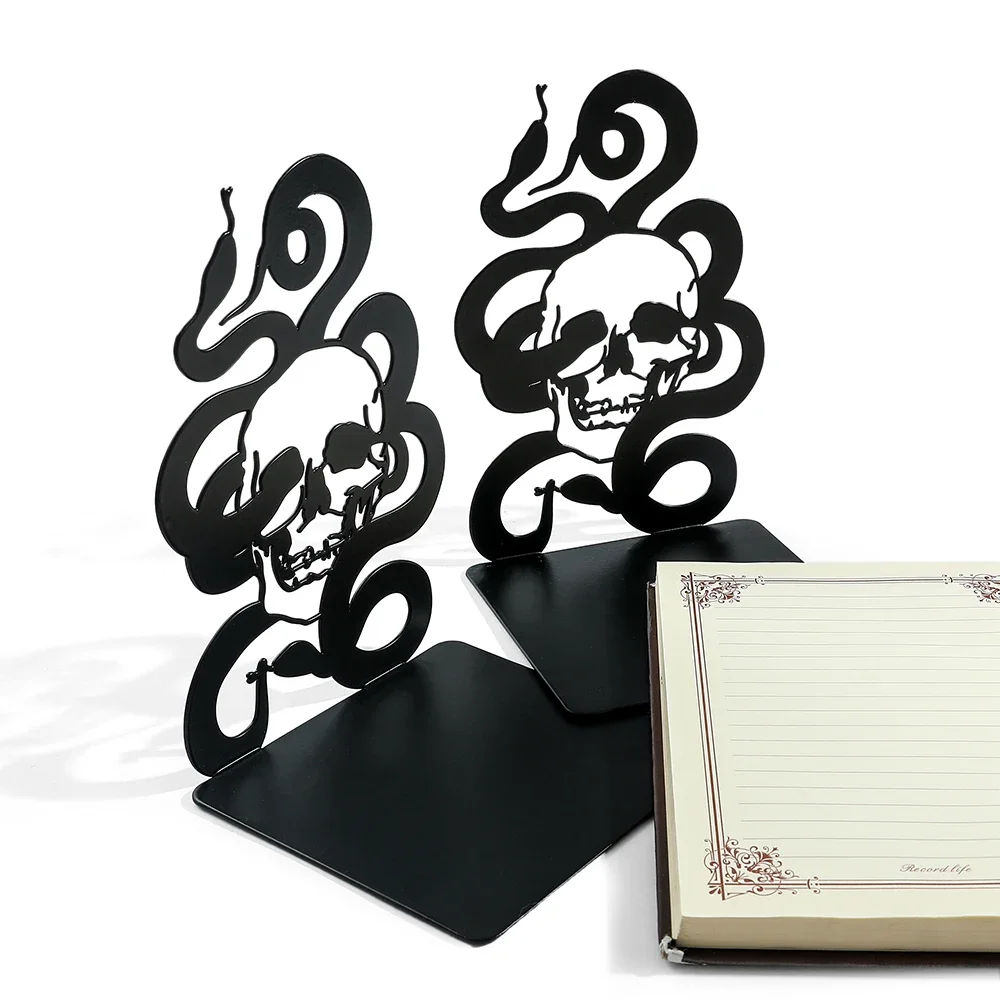 2Pcs/1Set Punk Skull Skeleton Snake Bookends Hollow Metal Desktop Retractable Book Holder Decoration Book Rests Book Support