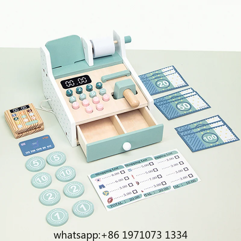 Wooden Simulated Cash Register Pretend Play Toy with Toy Coins and Bills Children Shopping Play House Game for Kids 3 Years Gift